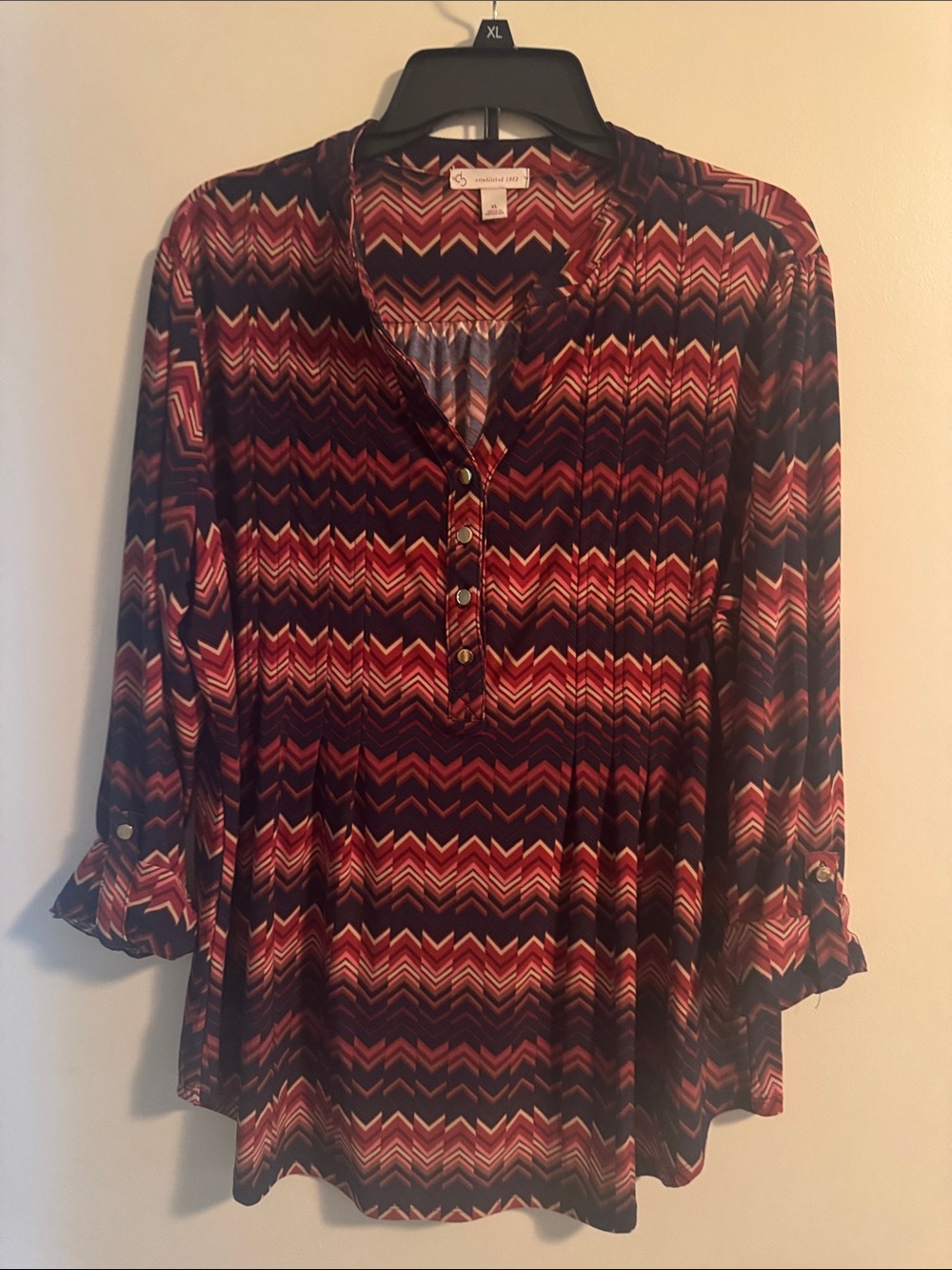 Dress Barn Red, Navy and Cream Chevron Henley Blouse